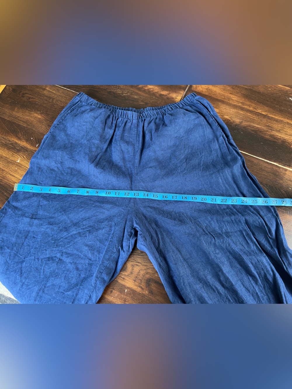 Flax Linen Crop Pants Women’s L (14-18) Drk Blue Pull On Pockets Lagenlook Beach - Picture 10 of 11